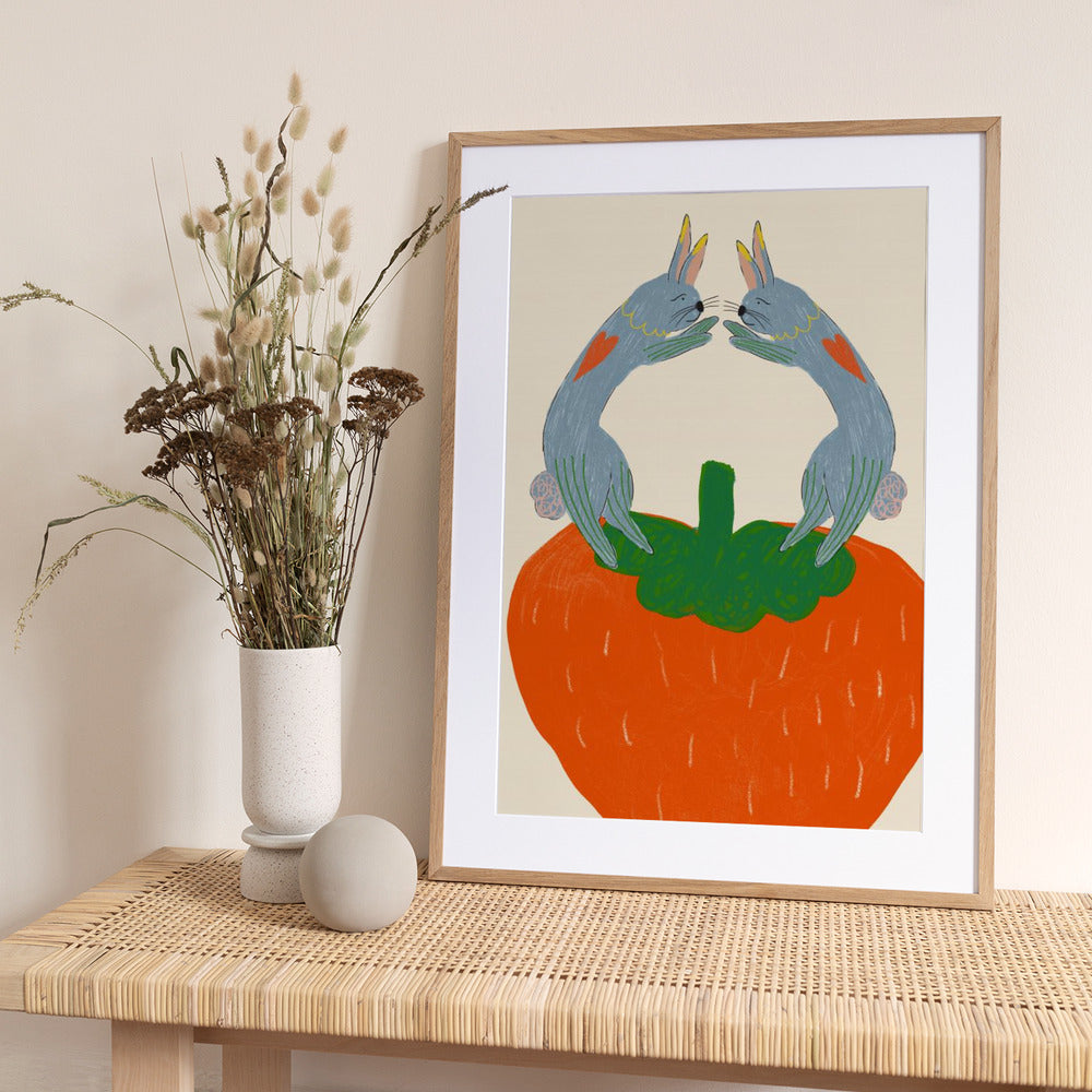 Rabbits on Strawberry - Art Print by Anna Mielniczuk