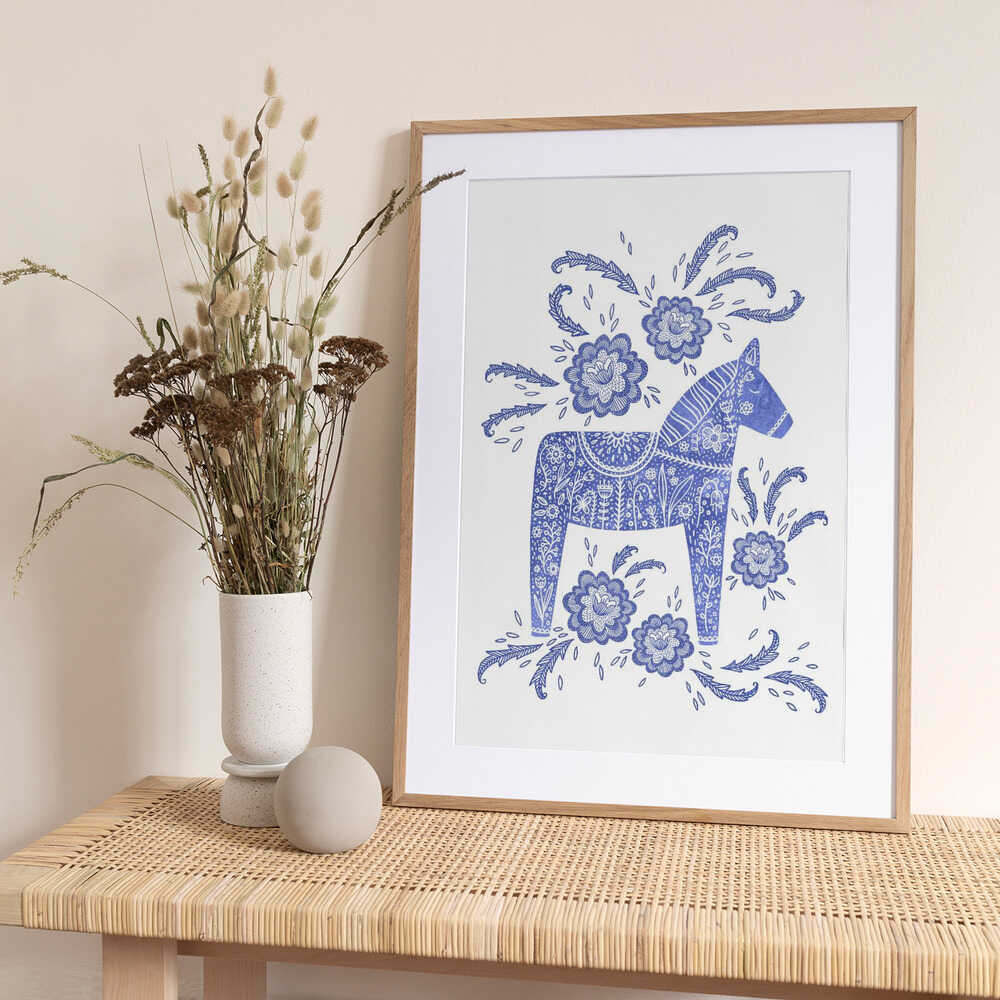 Swedish Dala Horse Blue And White - Art Print by Nic Squirrell