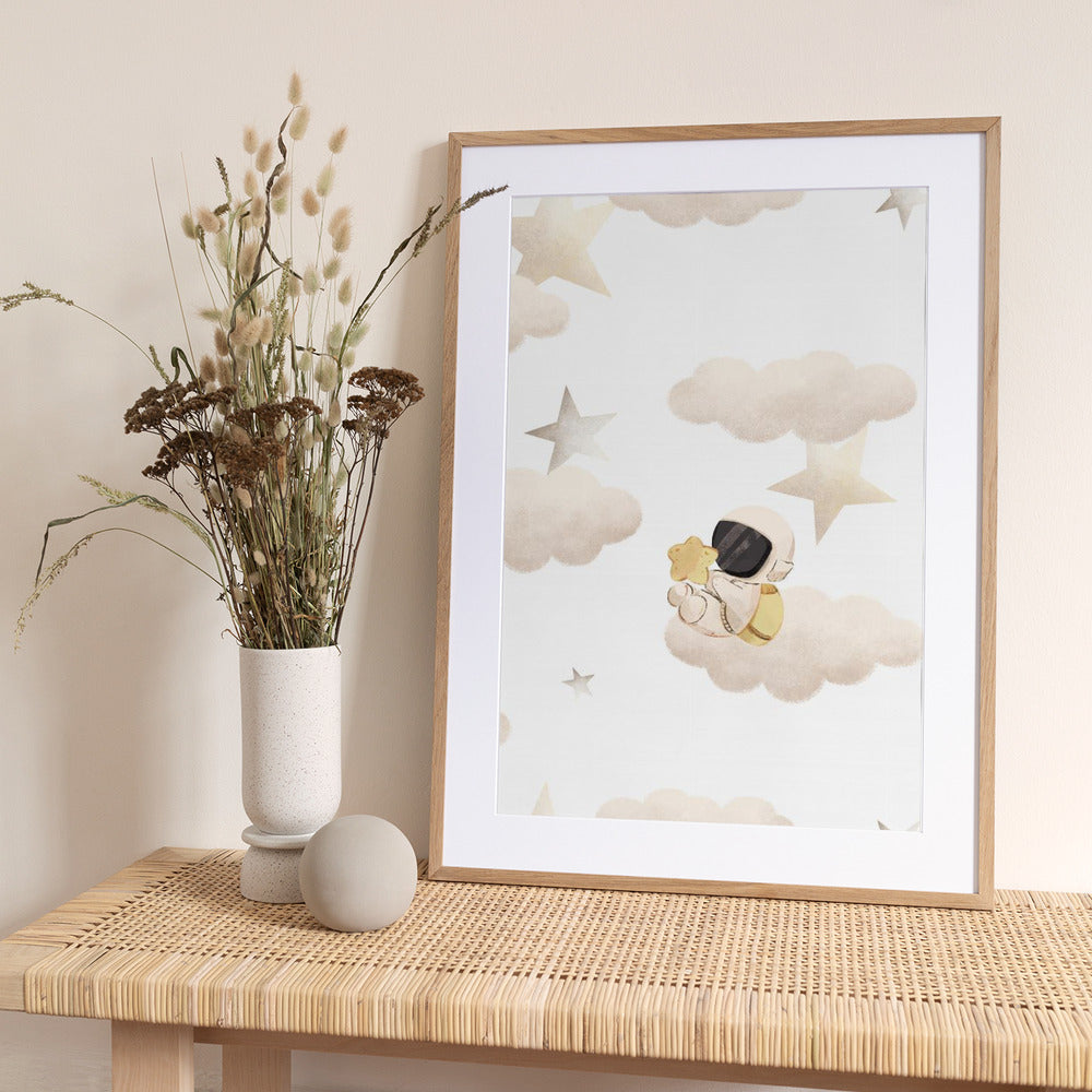 Cartoon Spaceman Sitting on Fluffy Clouds - Art Print by Saskia Michele