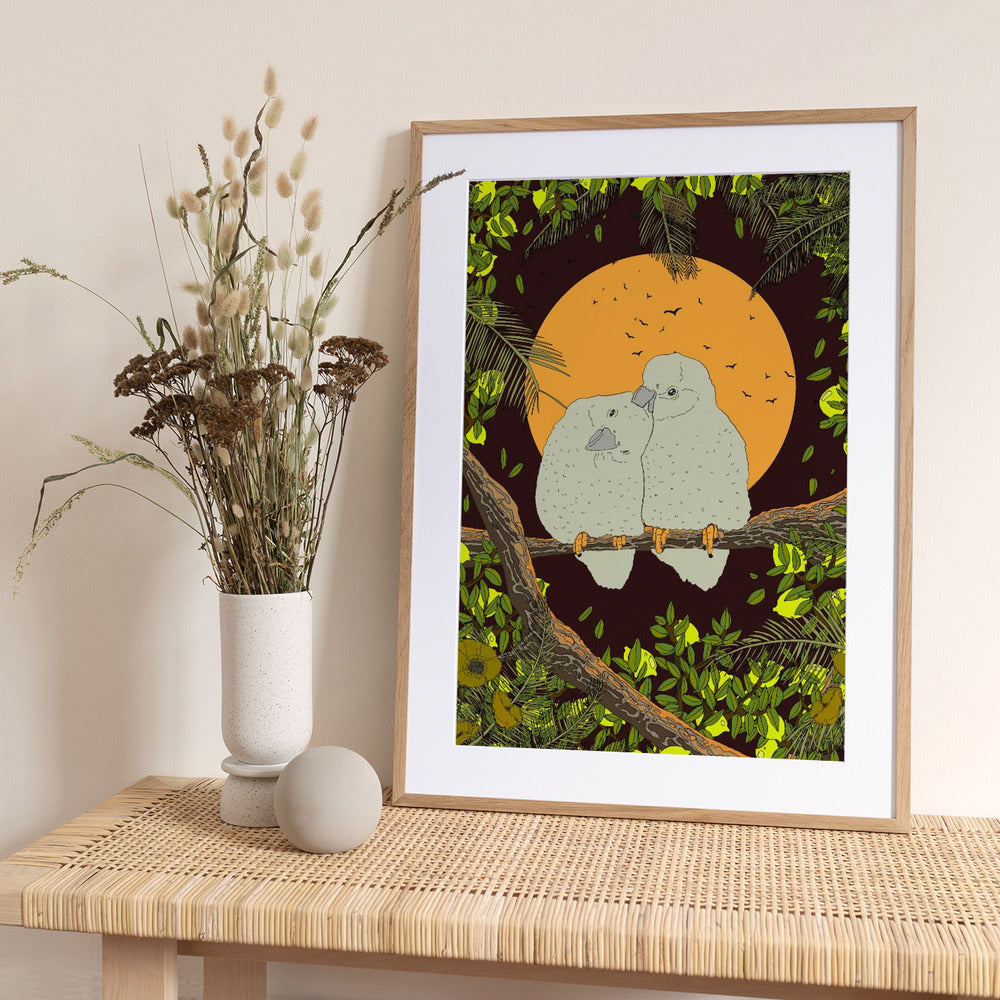 Love Birds Whispers of the Jungle Night - Art Print by Nicholas