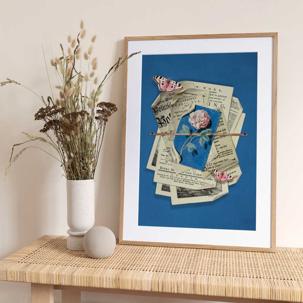 Pink Rose Surrounded By Vintage Paper - Art Print by Marja van den Hurk