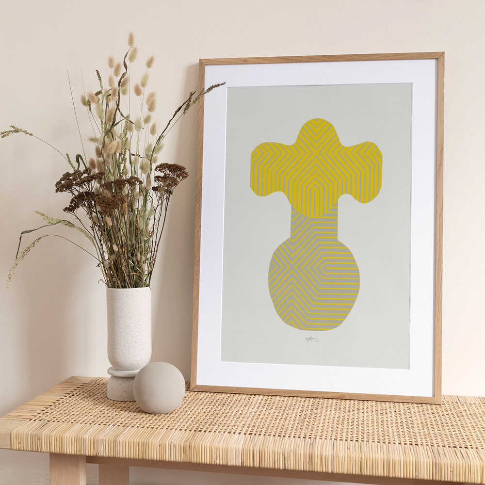Yellow Grey Op Art Vase - Art Print by Paulina Vårregn