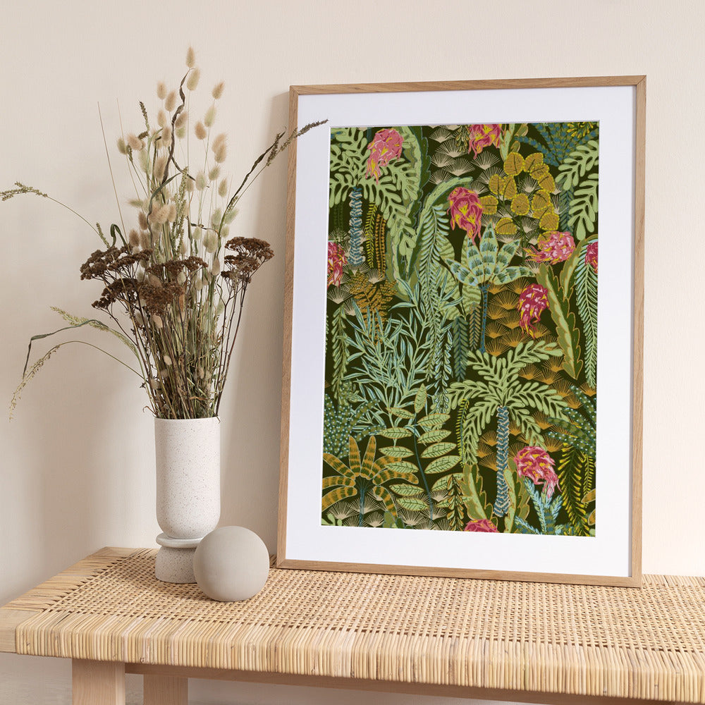 tropical lounge with dragon fruit emerald pattern - Art Print by Annick