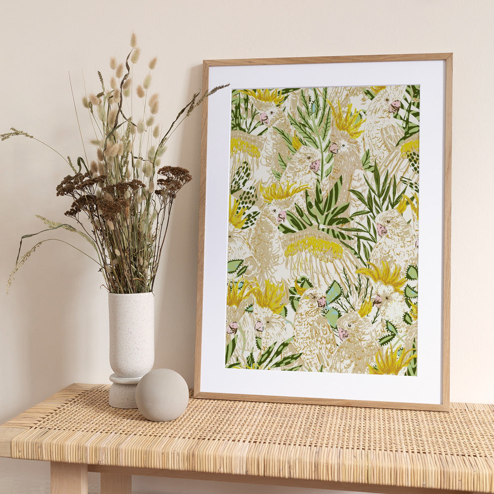 Tropical lounge Cockatoos pattern - Art Print by Annick