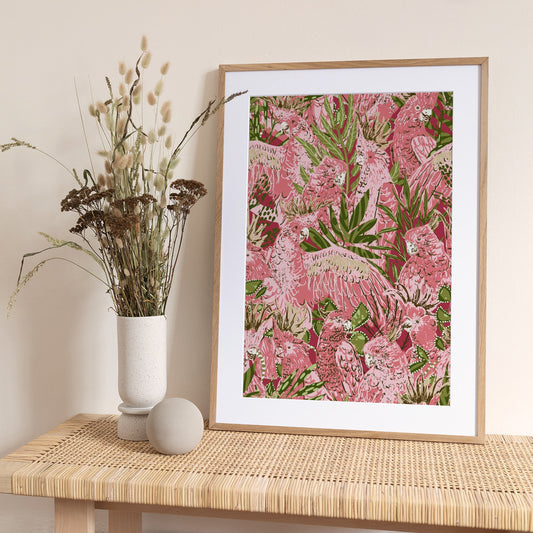 Tropical lounge pink Cockatoos pattern - Art Print by Annick