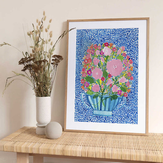 Roses in a Blue Cut Glass Vase - Art Print by Sharon Nullmeyer