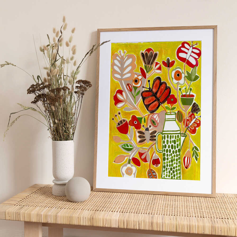 Flowers and Butterflies Love Yellow - Art Print by Sharon Nullmeyer