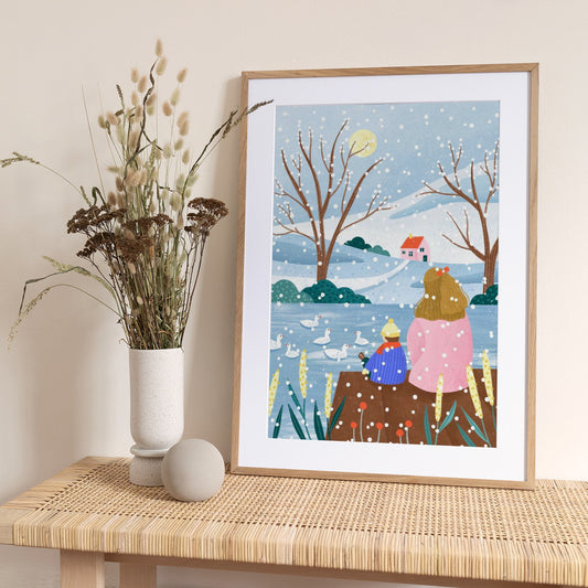Mother and Child At Winter Lake - Art Print by Bea Müller