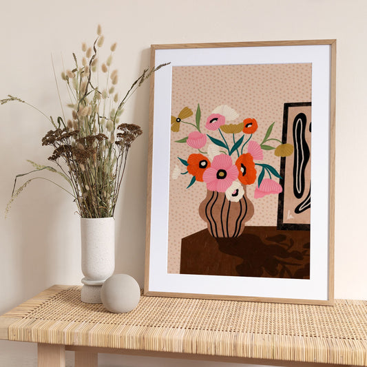 Flowers On Sideboard - Art Print by Bea Müller
