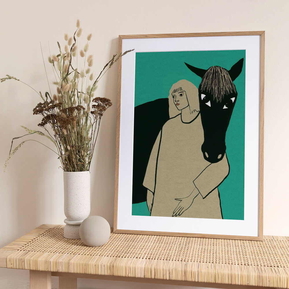 Black horse and woman - Art Print by Sharyn Bursic