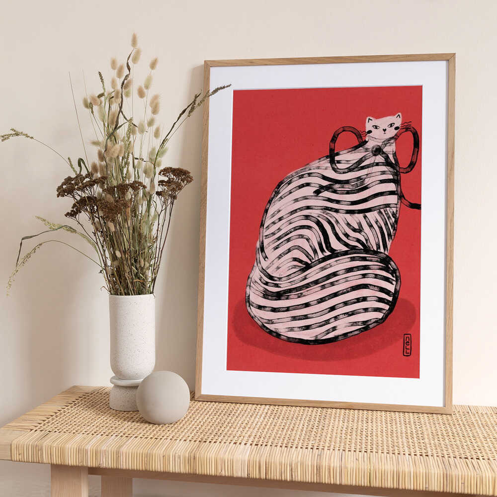 Black and White Stripe Cat Illustration Poster - Art Print by Dirkie Nell