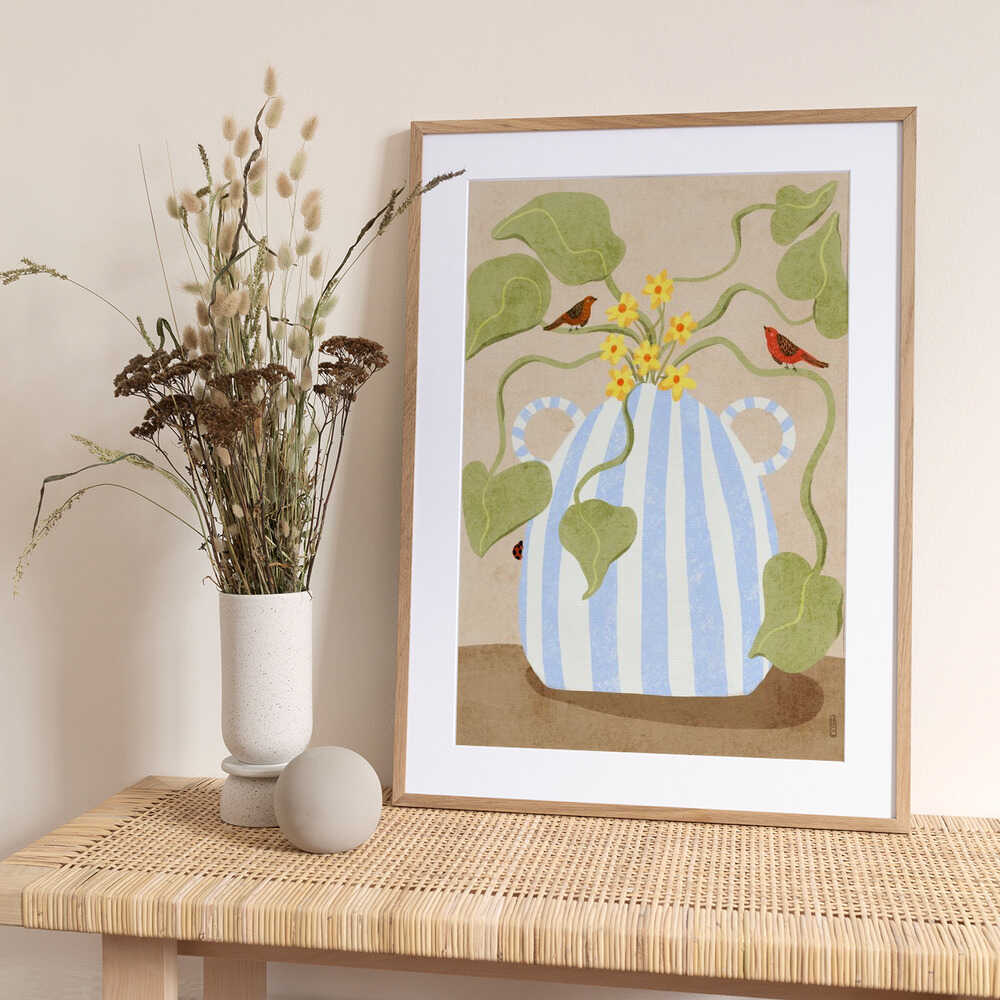 Leaves In a Pot With Birds Illustration - Art Print by Dirkie Nell