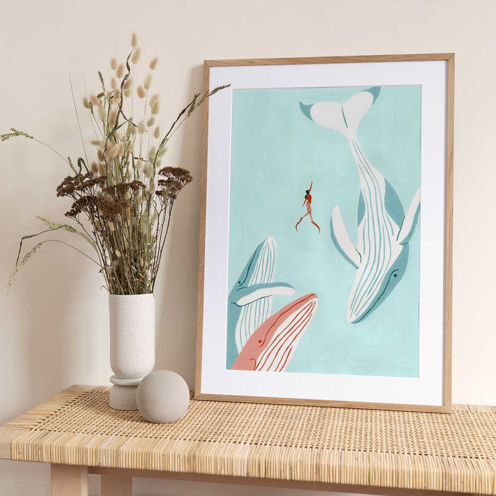 Swimming with Whales - Art Print by Julie Lesouef