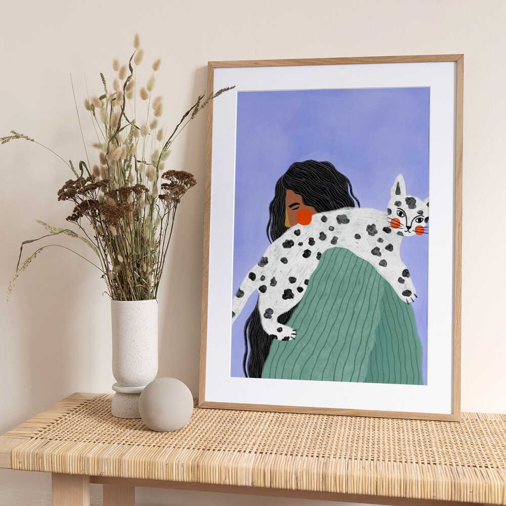 Woman and Spotted Cat - Art Print by Bea Müller