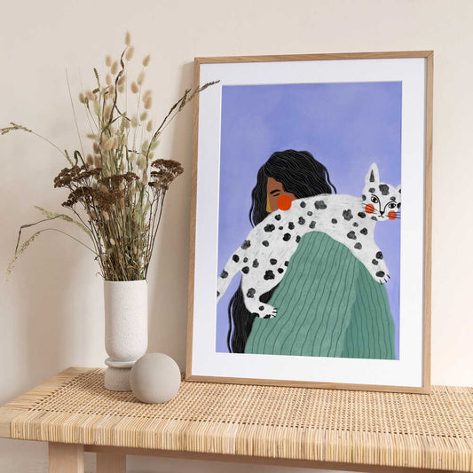 Woman and Spotted Cat - Art Print by Bea Müller