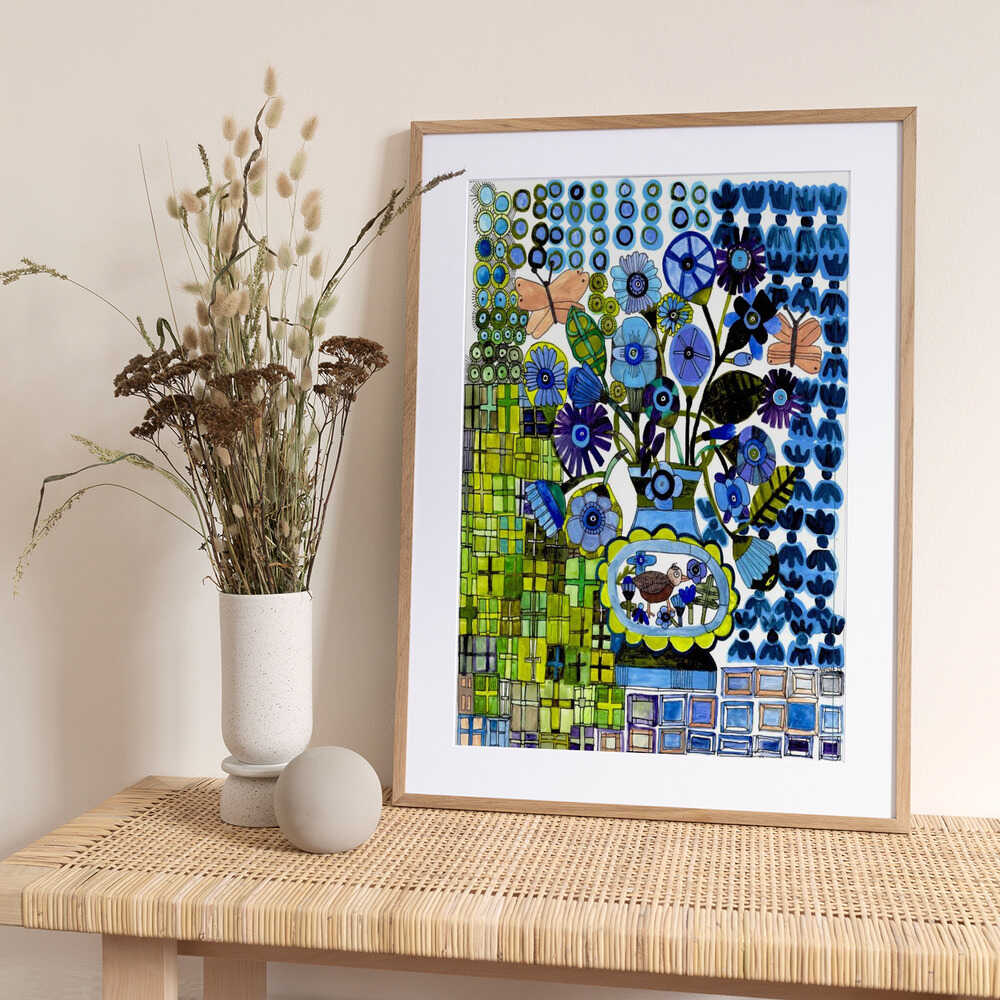 Butterflies in Blue and Green - Art Print by Sharon Nullmeyer
