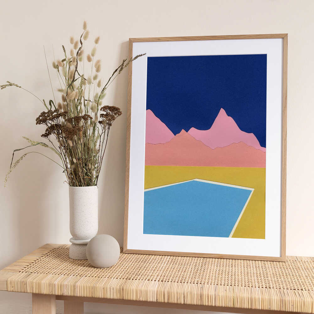 Blue Pool Pink Mountains - Art Print by Rosi Feist