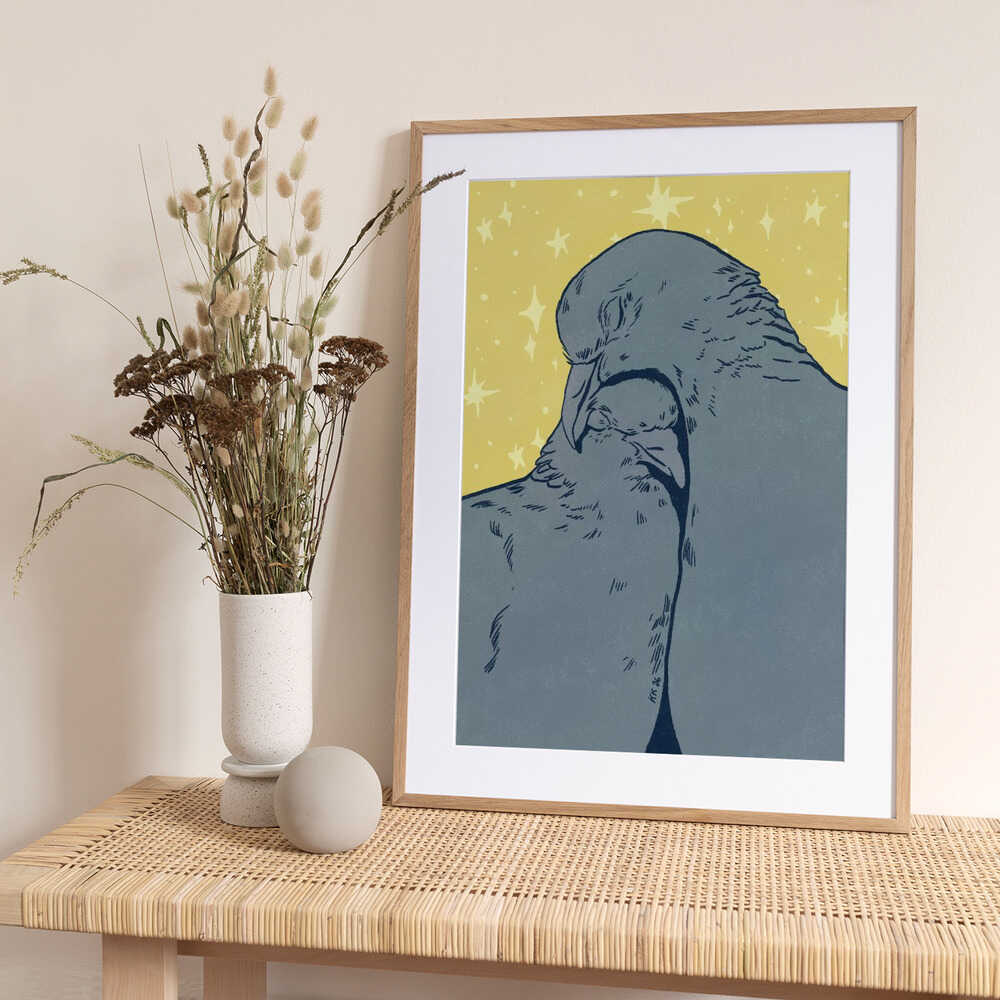Cuddling Pigeons Under Stars - Art Print by Katariina Kosunen