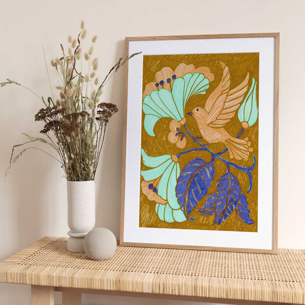 Stylized Bird Floral Branch - Art Print by Katie O'Shea