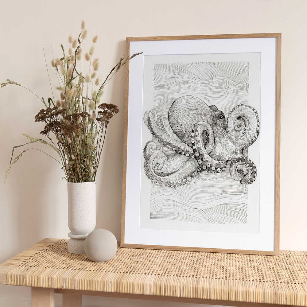 Black and White Octopus Line Drawing - Art Print by Katie O'Shea