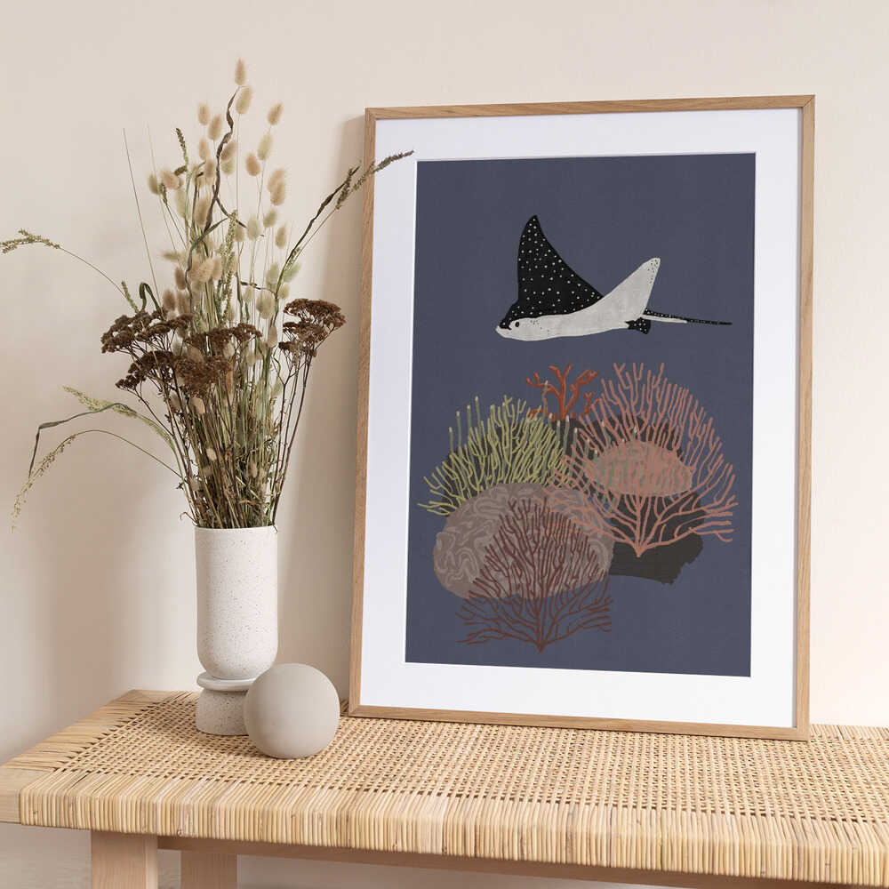 Spotted Ray Over Coral Reef - Art Print by Nicholas
