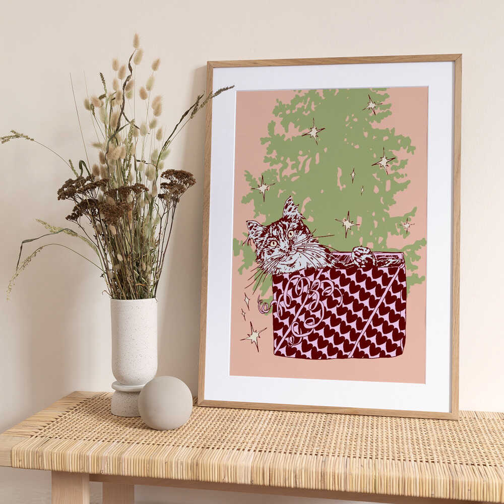 Christmas Cat Surprise - Art Print by Katariina Kosunen