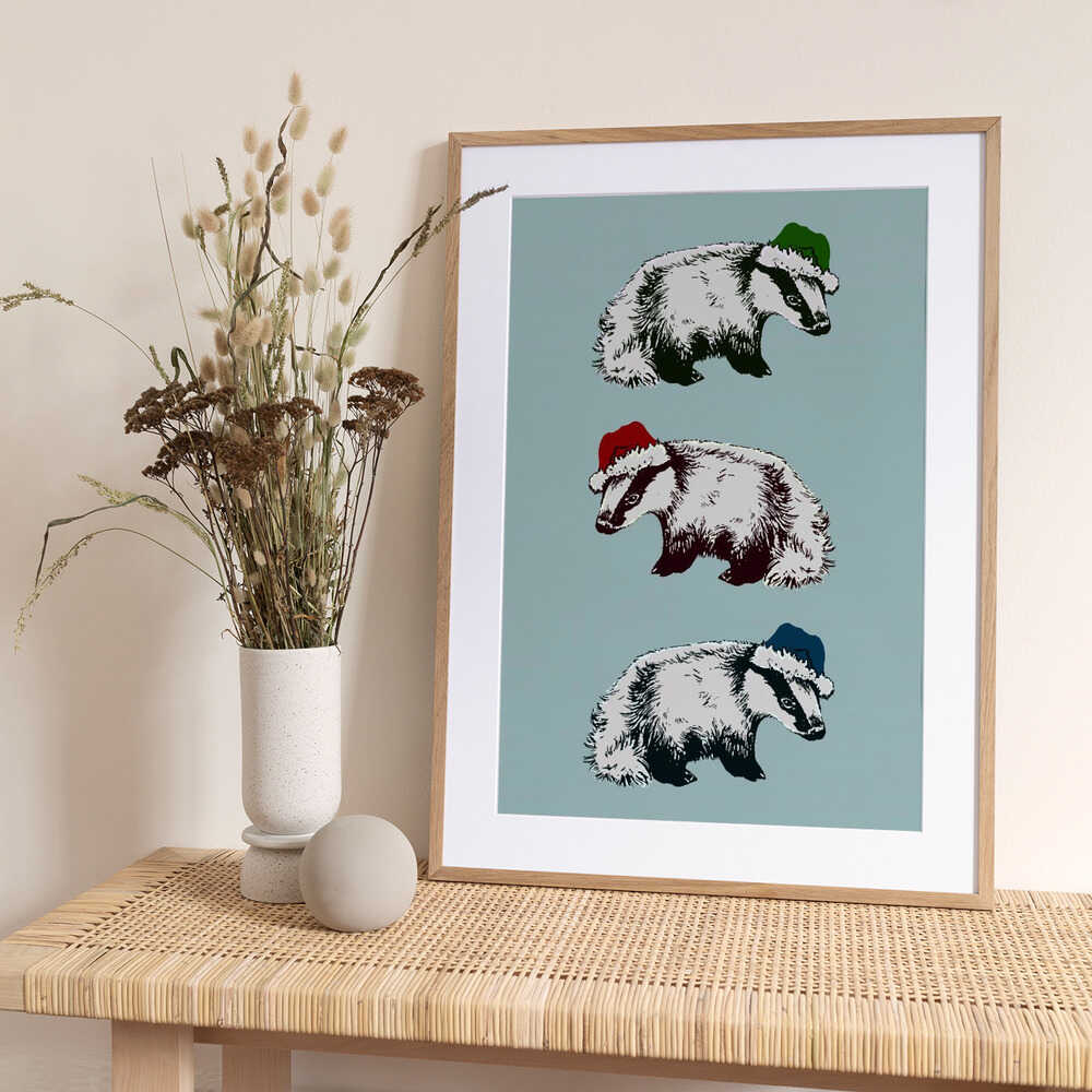 Christmas Badgers - Art Print by Katariina Kosunen
