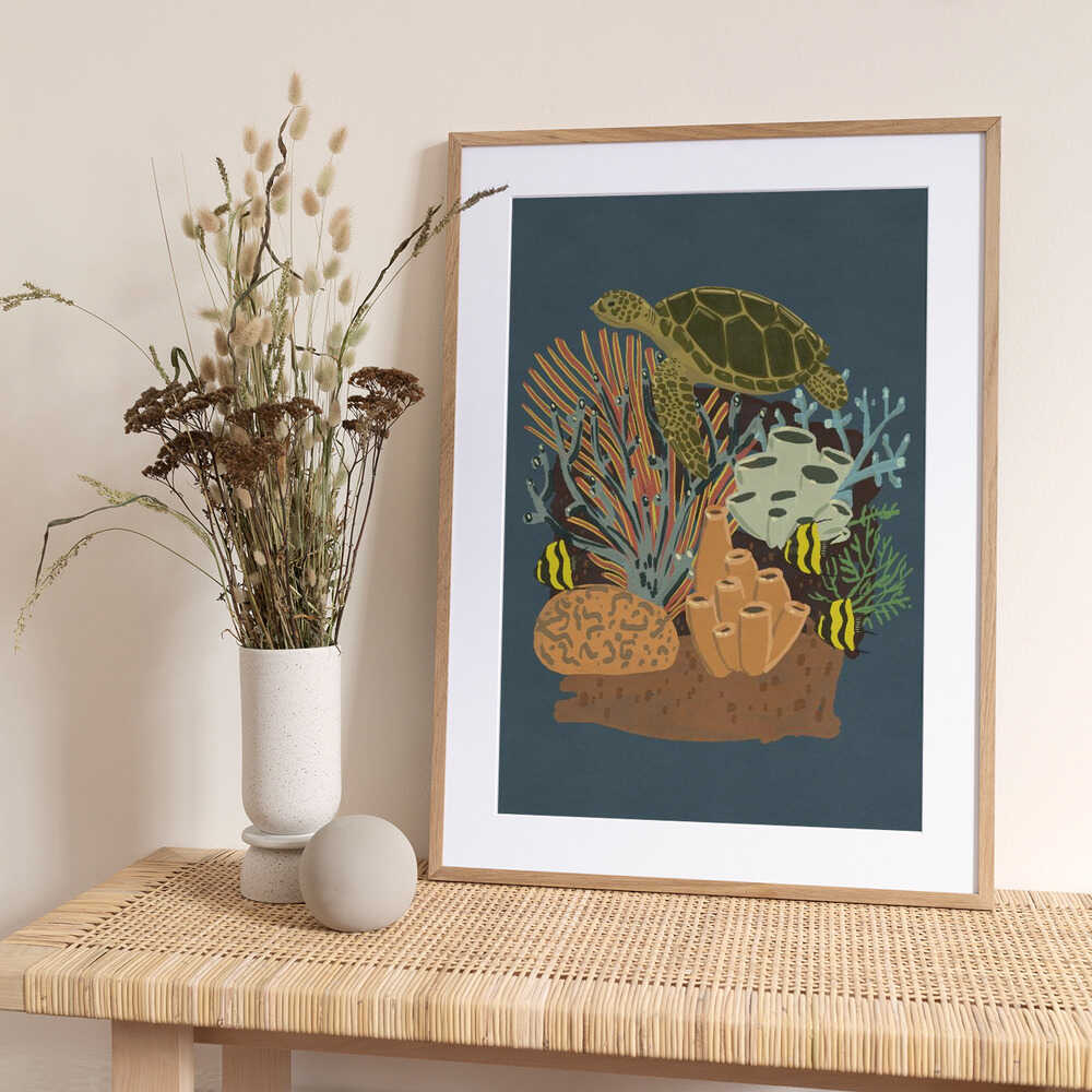 Sea Turtle Over Coral Reef - Art Print by Nicholas