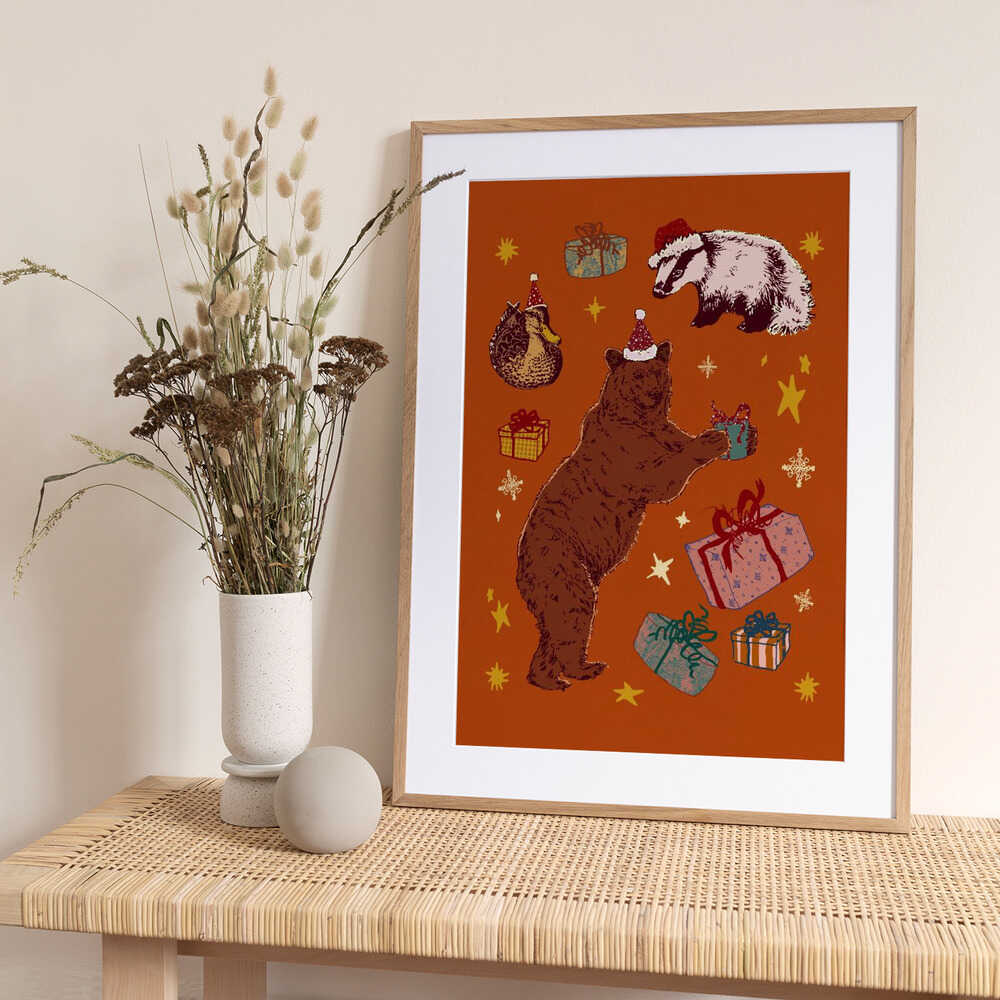 Holiday Animals Giving Gifts - Art Print by Katariina Kosunen
