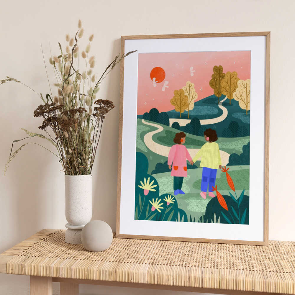 Friends Walking Winding Path - Art Print by Bea Müller