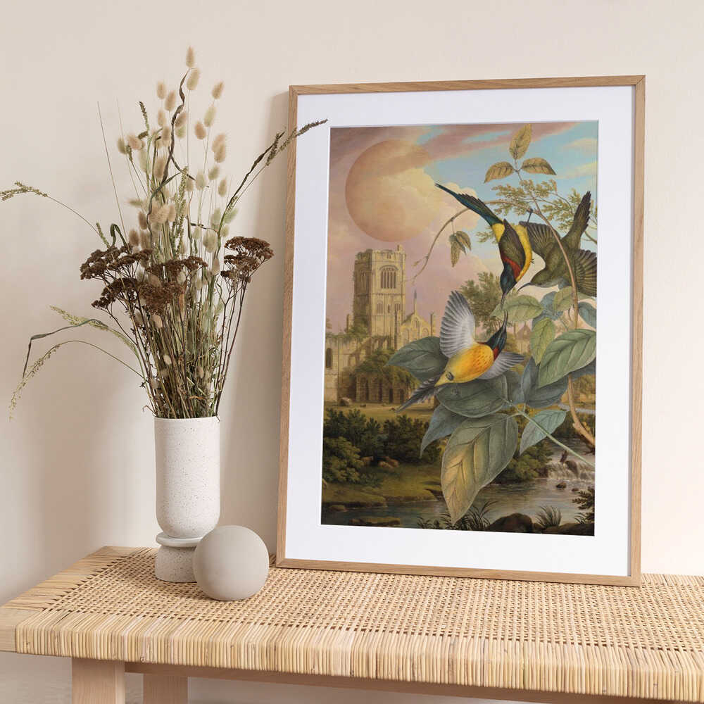 Exotic Birds Pastel Moon - Art Print by Marja van den Hurk