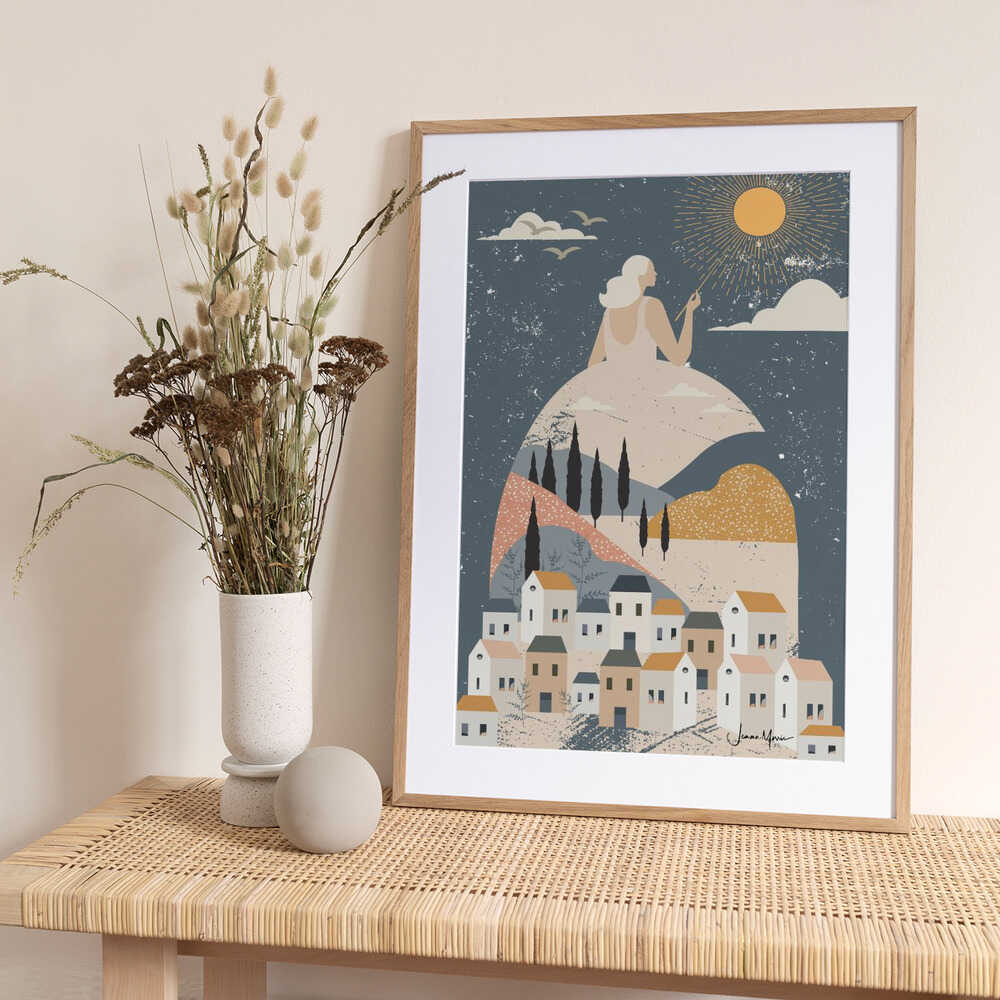 Woman Over Tuscan Village - Art Print by Jemma Morris