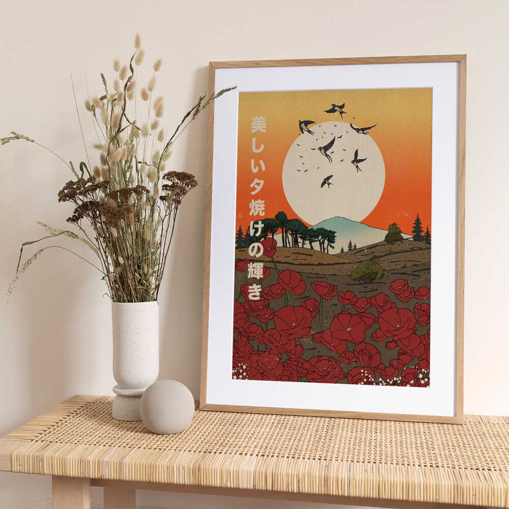 Japanese Swallows Sunset - Art Print by Nicholas