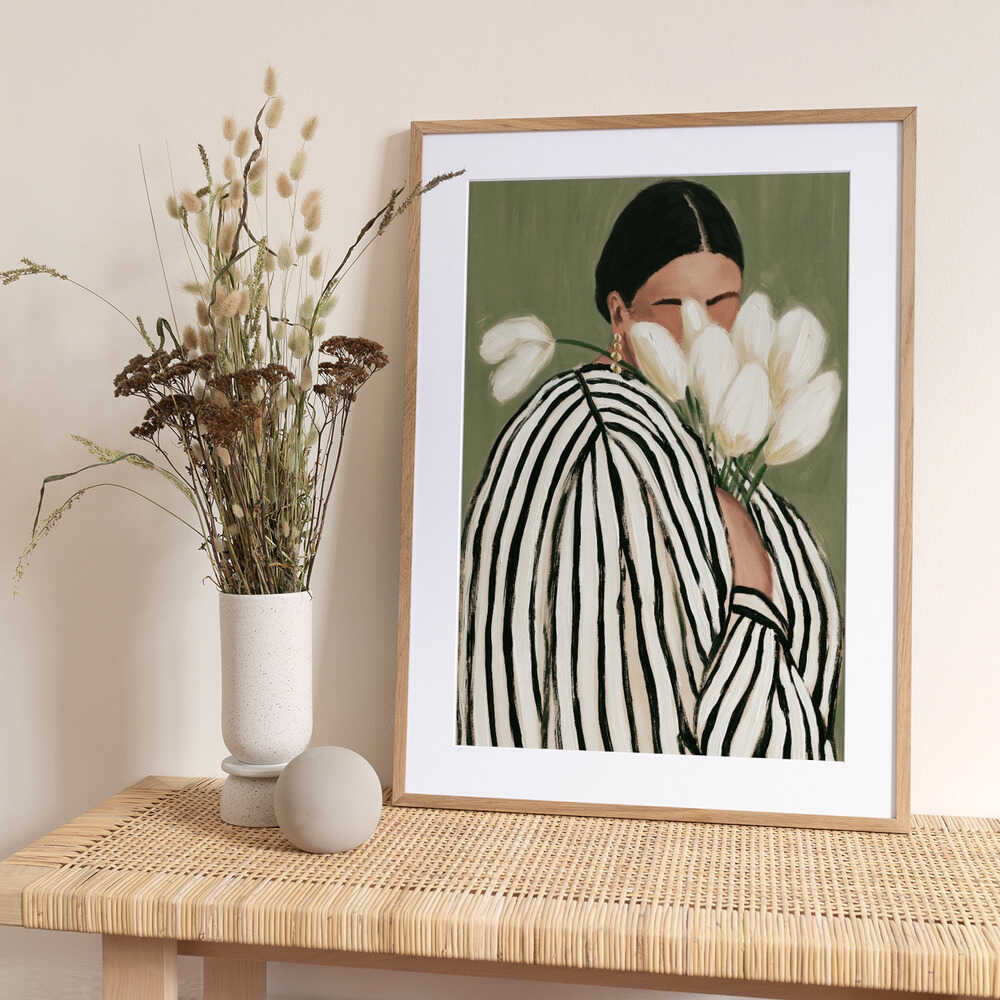 Woman with flowers, striped woman with tulips illustration - Art Print by Stephanie Jeuffroy