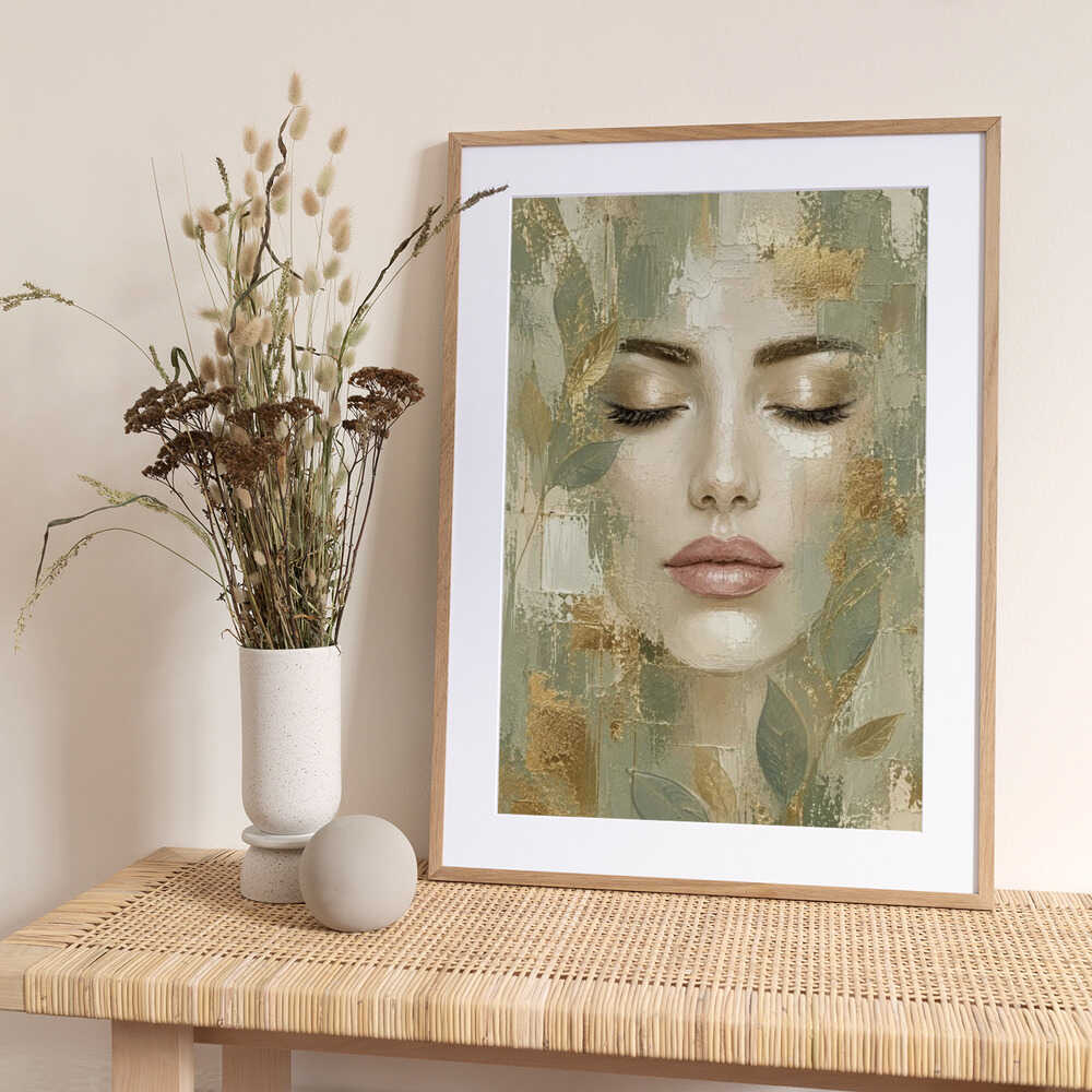 Serene Woman Gold Leaves - Art Print by Sally Ann Moss