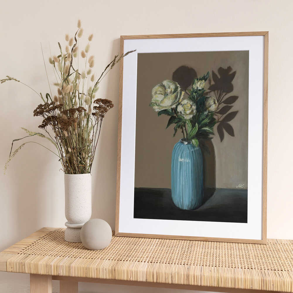 White Peonies in Blue Vase - Moody Floral Still Life - Art Print by Marina Kozyr
