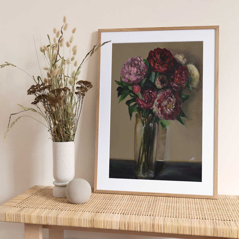 Dark Red Peonies in Glass Vase - Moody Floral Oil Painting - Art Print by Marina Kozyr