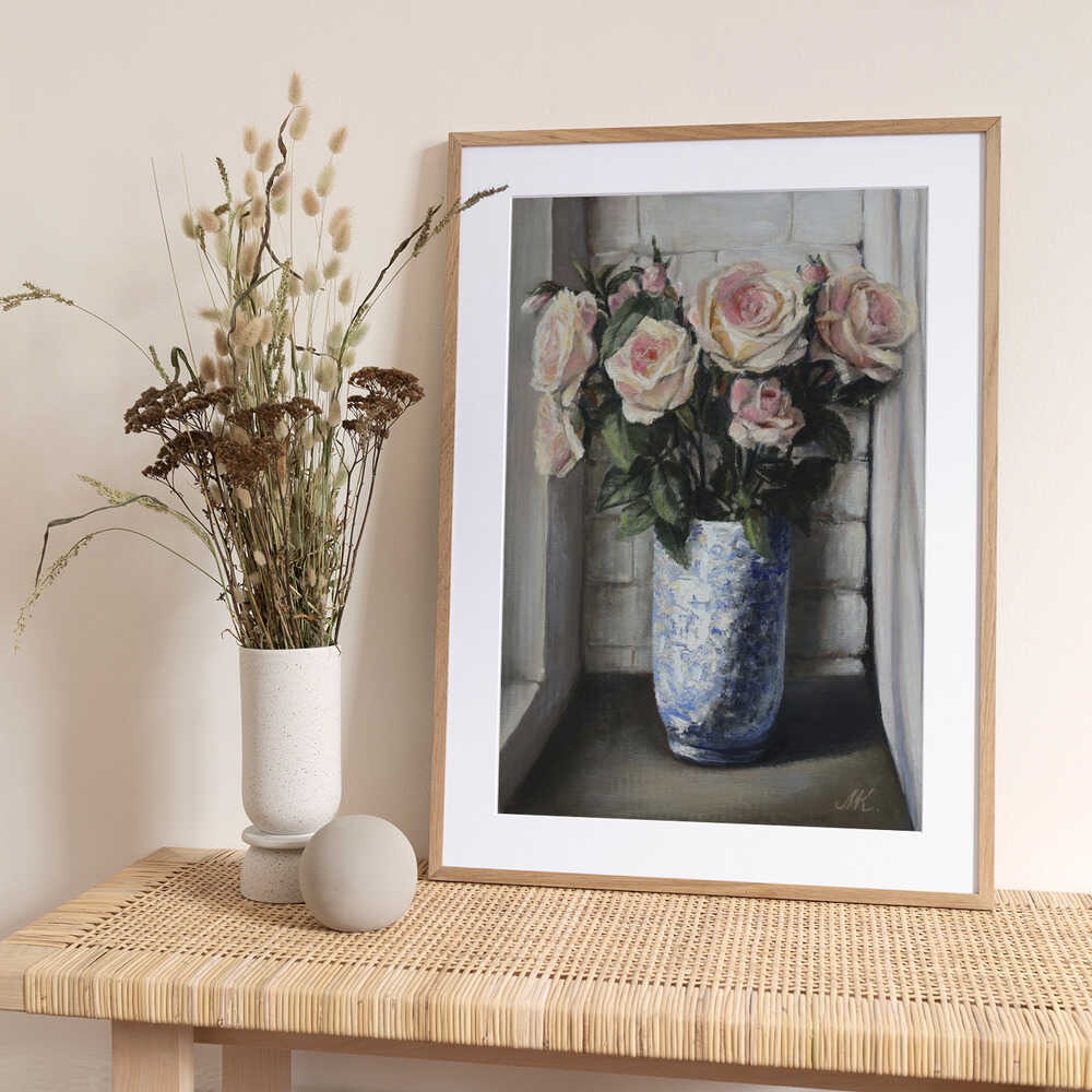 Pink Roses on Windowsill - Blue Ceramic Vase Painting - Art Print by Marina Kozyr