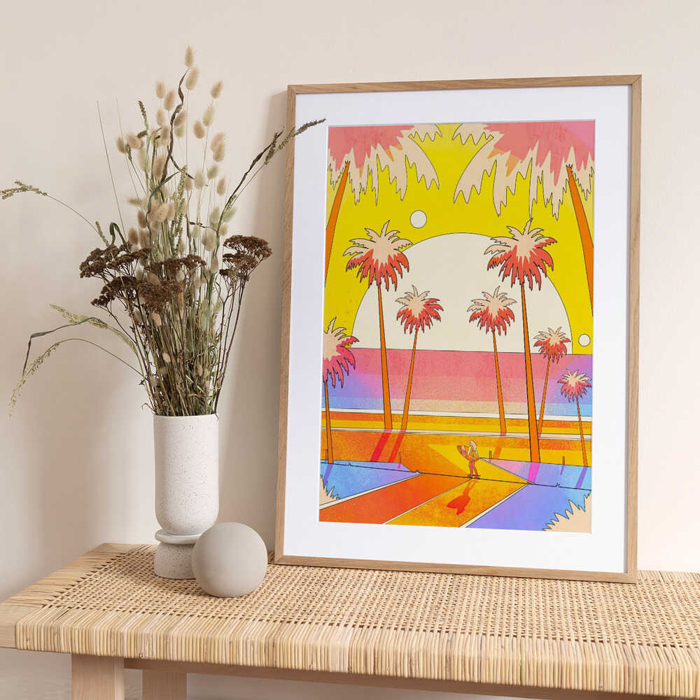 Retro Surfer Sunset - Art Print by Stephen Wade