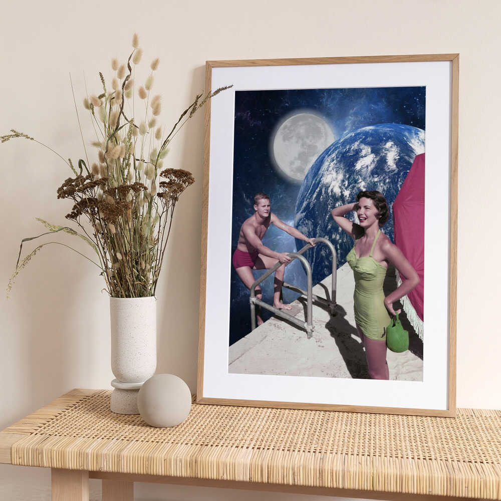 Retro Couple Cosmic Swim - Art Print by Marja van den Hurk