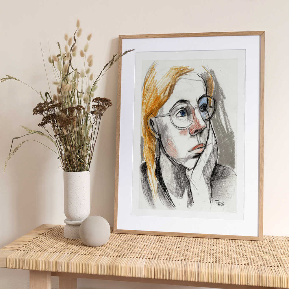 Pensive Woman With Glasses - Art Print by Tore Bahnson