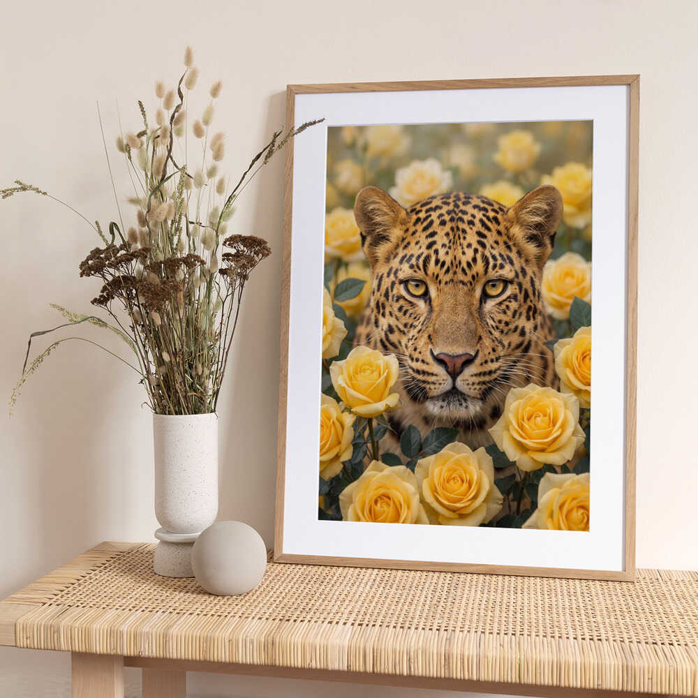 Leopard In Yellow Roses - Art Print by Andreas Magnusson