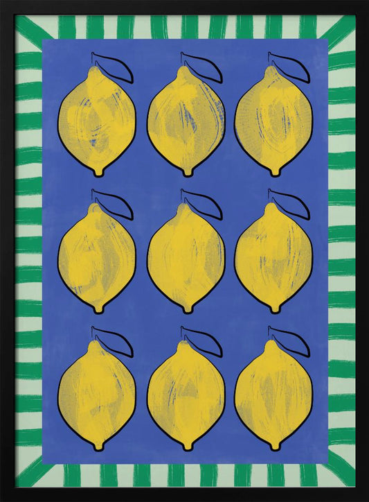 Vibrant Yellow Lemons on a Deep Blue - Art Print by Elena Ristova
