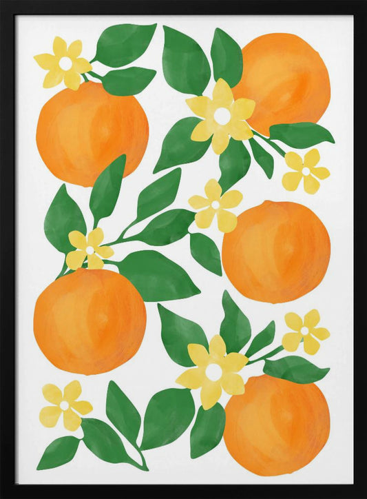 Oranges with Green Leaves and Delicate Yellow Flowers - Art Print by Elena Ristova
