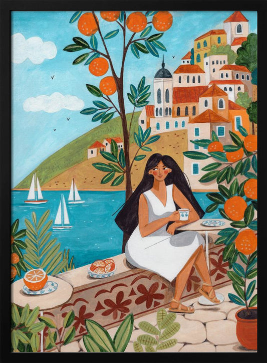 Travel poster woman in Mediterranean coast - Art Print by Caroline Bonne Müller