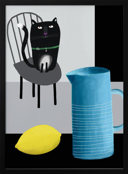 Cute Black Cat sitting on a Chair with Blue Vase and Lemon - Art Print by Carla Daly