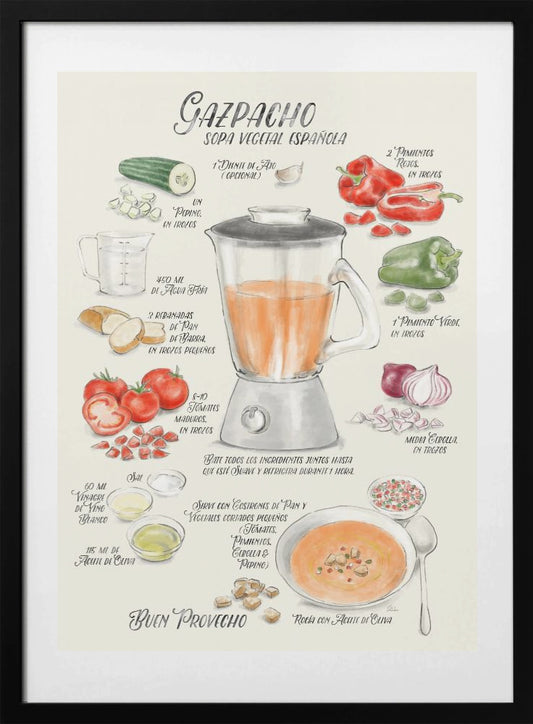 Gazpacho illustrated recipe in Spanish - Art Print by Rosana Laiz Blursbyai