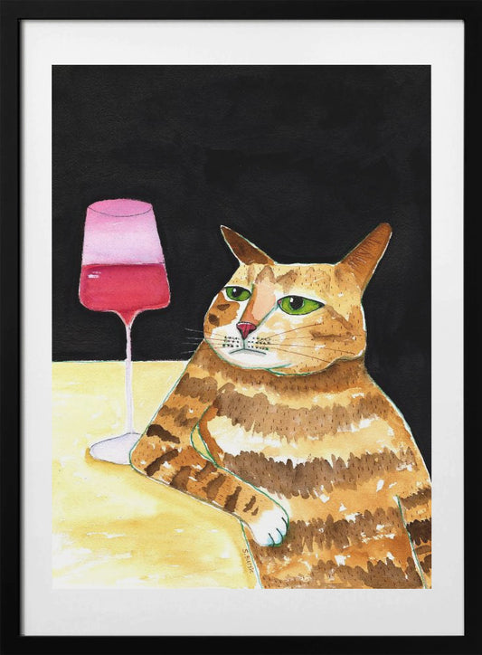 Cat Friday Night Drinks Wine Funny Cat Humour - Art Print by Sharyn Bursic