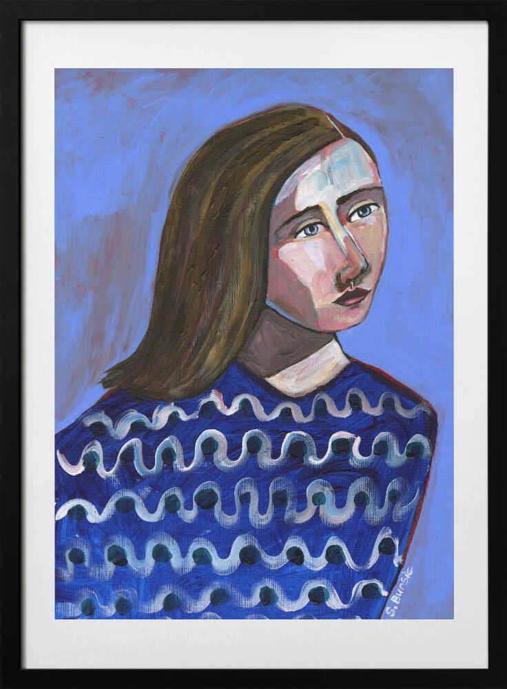 Woman in Blue Sweater Naive Portrait Figurative - Art Print by Sharyn Bursic