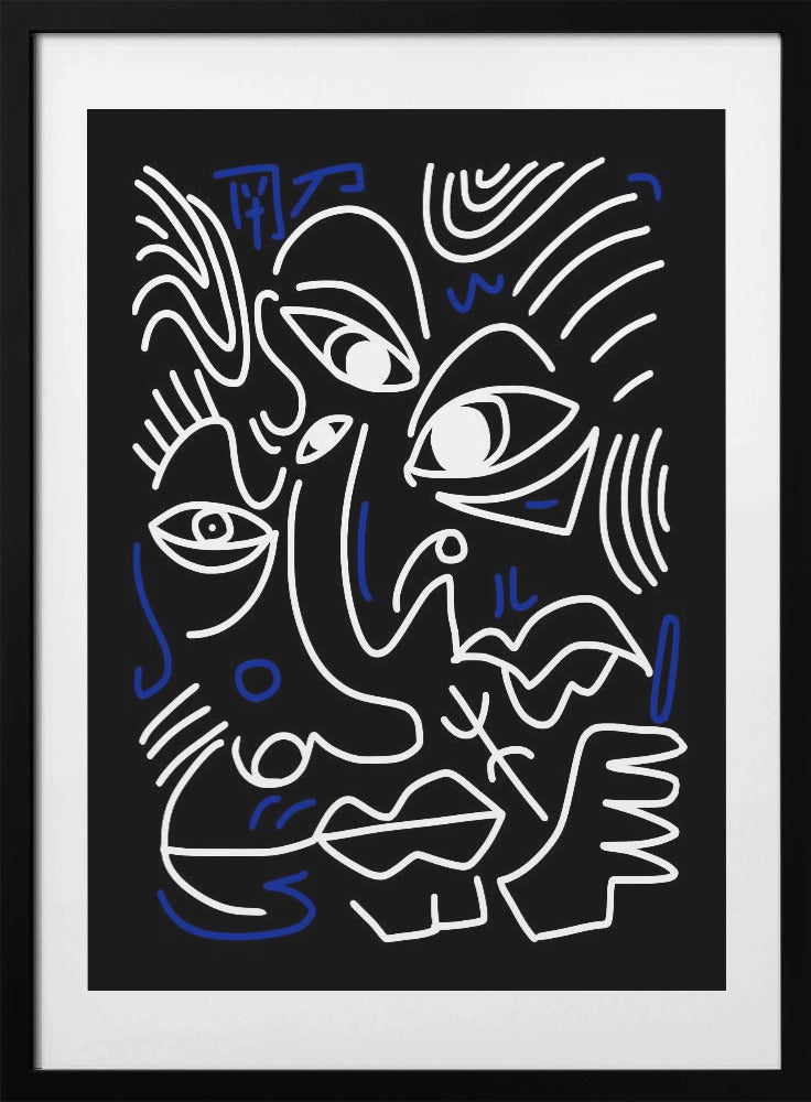 White And Blue Lines On A Black Background - Art Print by Little Dean